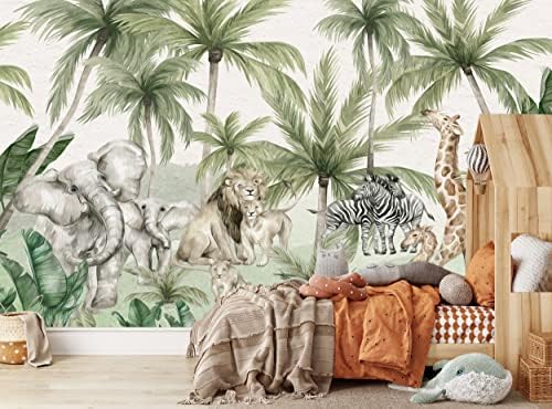 Fotó Tapéta Dzsungel Állatok Gyerekek, Gyerekek, Hálószoba, Gyerekszoba Fali Freskó W 366 cm x H 254 cm Akvarell Zsiráf Trópusi