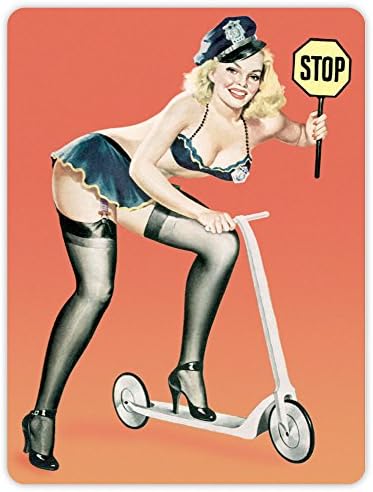 Címlap pin-up pin-up szexi retro rendőrség lány egy robogó, egy stop tábla matrica, matrica 4 x 5