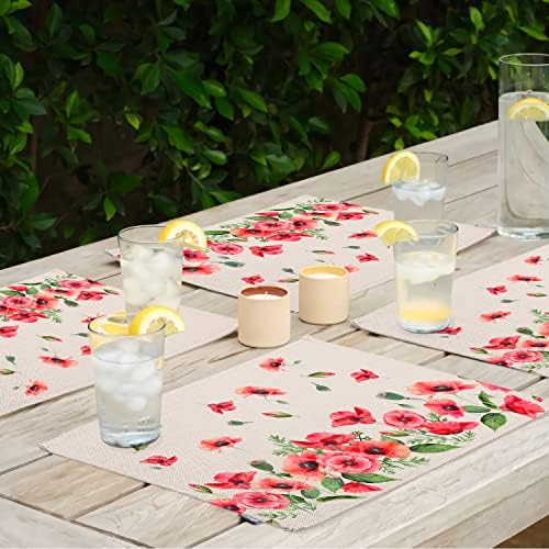 Poppy Virág Placemats Készlet 4 18x12 Inch, Rusztikus Tavaszi Szezonális Dekorációs Vacsora Szőnyeg Konyha Asztal