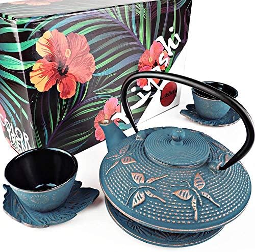 KIYOSHI Luxus 7PC Japán Teás Készlet. Kék Pillangó öntöttvas teáskannában, 2 Csésze Tea, 2 Csészealjak, Laza Levél Tea Infúzióval,