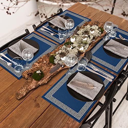 Placemats Geometriai görög Kulcs Design tányéralátétek az Étkező Asztalnál sötétkék Mosható Táblázat Szőnyeg Konyha Dekoráció
