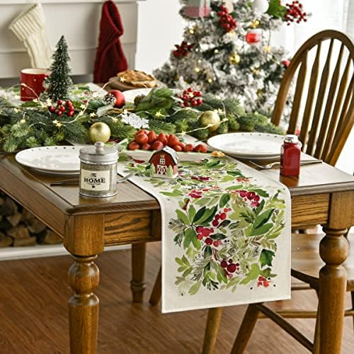 Artoid Mód Akvarell Holly Karácsonyi asztali Futó, Szezonális, Téli Karácsonyi Ünnepi Konyha, Étkező Asztal Dekoráció, Beltéri,