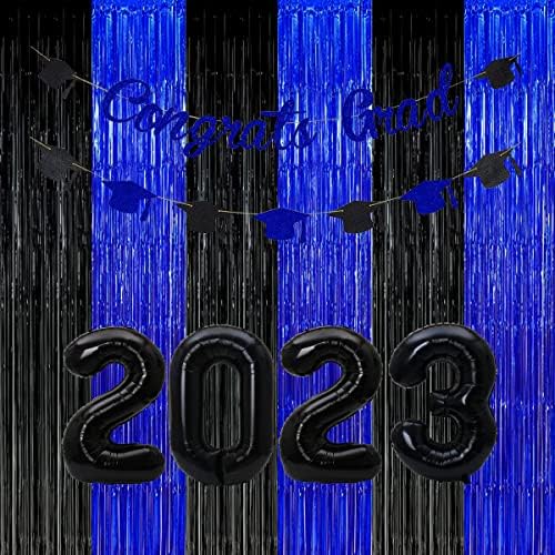 Fekete Kék Parti Dekoráció Hátterekkel, Szerencsejáték Fél Fólia Fringe, 2023 Érettségi Fekete Kék Függöny Hátterekkel, a