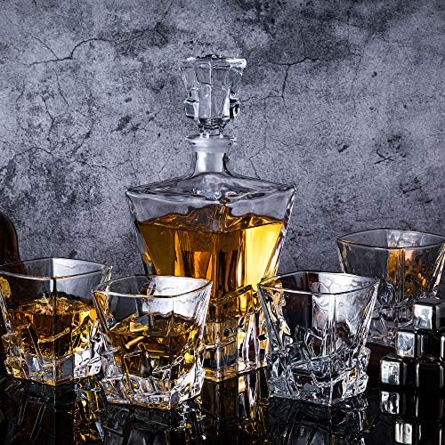 YouYah Whiskys Üveget Szett 4 Kristály Poharak,8 Rozsdamentes Acél Jégkockát & Tong,Whiskey Ajándékok Férfiaknak,Kő, Üveg,Lowball